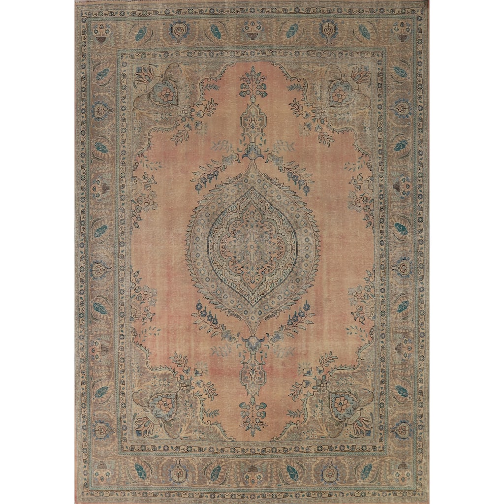 Tabriz Persian Vintage Area Rug Hand-Knotted Orange Wool Carpet - 9'7" x 12'8"