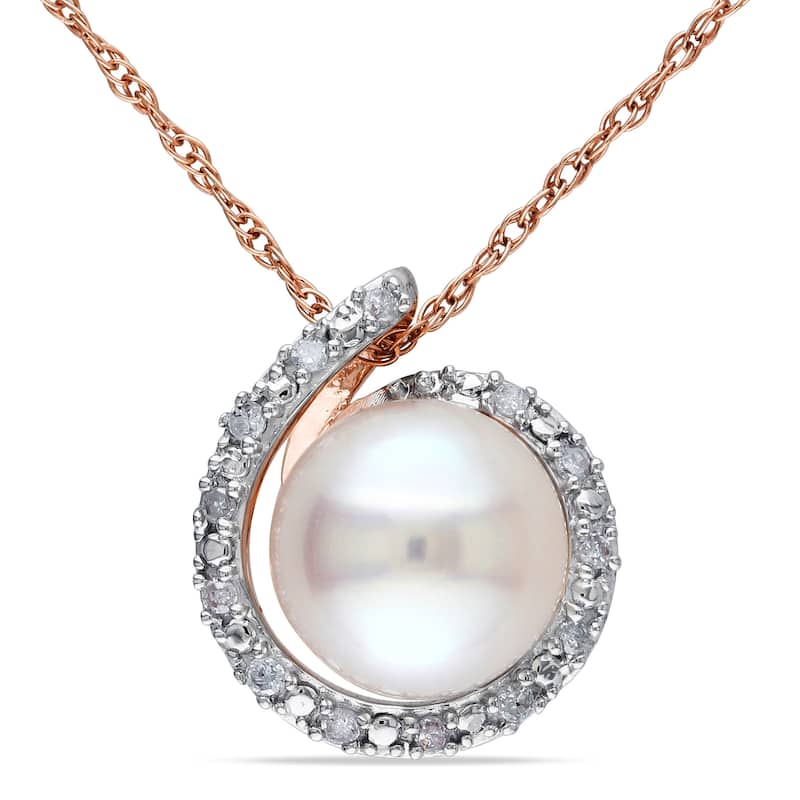 Miadora 8-8.5mm Cultured Freshwater Pearl and Diamond Swirl Halo 10k Rose Gold