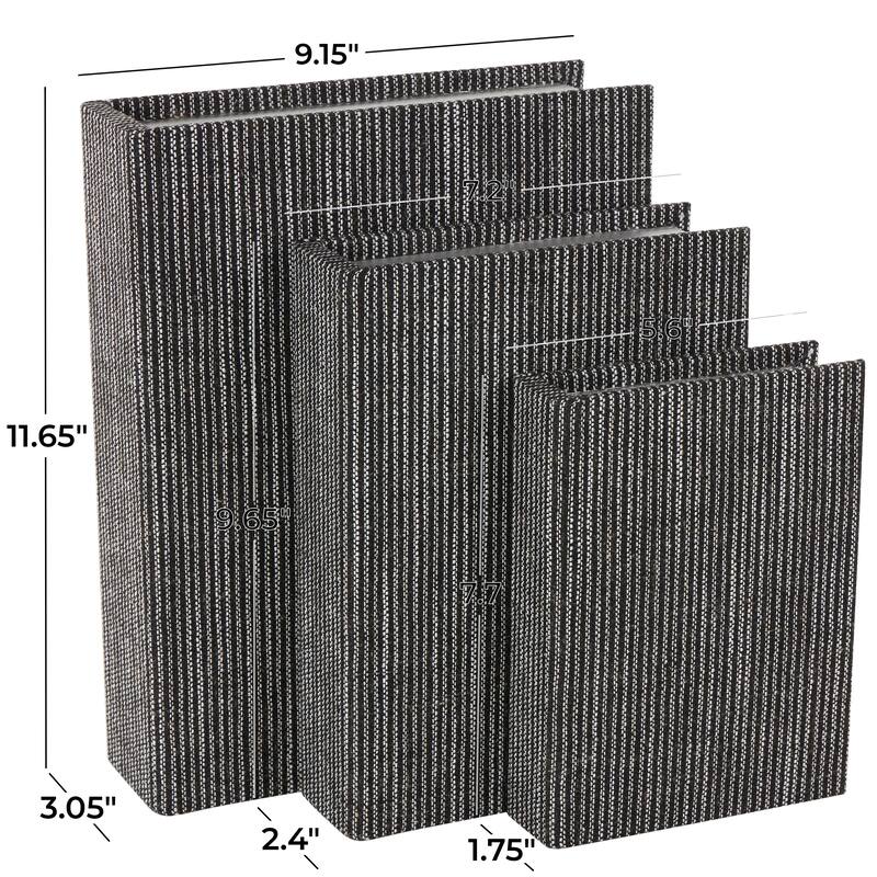 Linen Fabric Striped Faux Book Storage Box with White Accents - Set of 3 - Roche River Decor