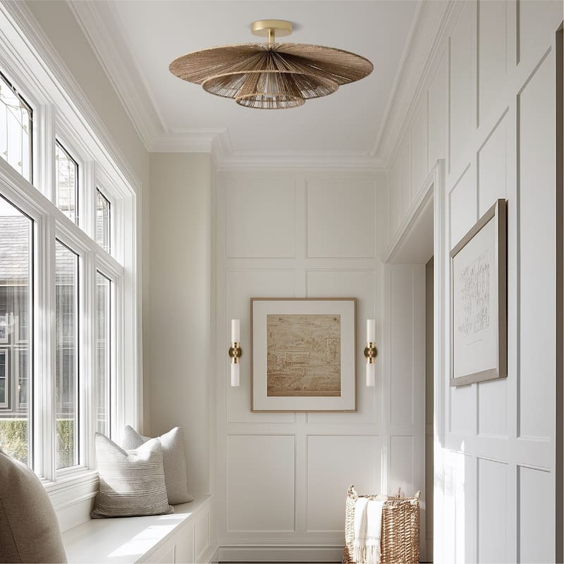 Sammie Rattan Flush Mount Jute Fibers Natural 1-Light Handwoven Ceiling Light for Bedroom or Hallway in Modern, Farmhouse Style