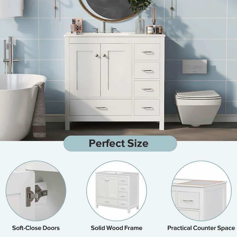 36" White Bathroom Vanity with Ceramic Sink Combo, Ample Storage Cabinet - 2 Soft-Close Doors and 5 Drawers