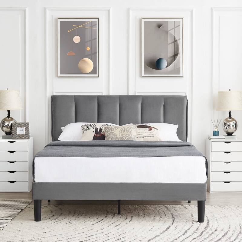 Javlergo Full/Queen Size Tufted Upholstered Bed Frame with Adjustable Height Headboard - Grey - Full
