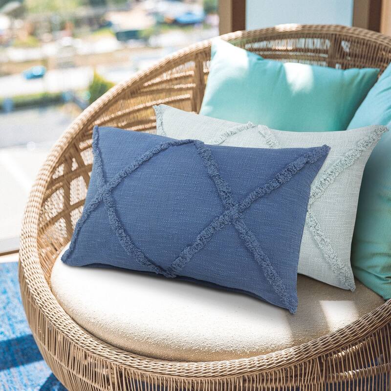 24" Navy Blue Hand Woven Diamond Tufted Rectangular Throw Pillow