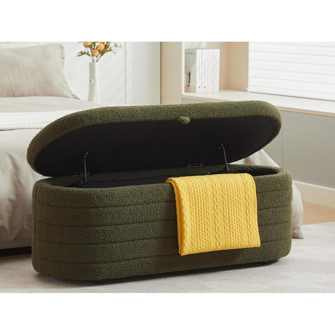 45 inch Storage Ottoman Bench with Upholstered Shoe Seat, Sherpa Padded Foot Rest for Bedroom, Living Room or Window Seating