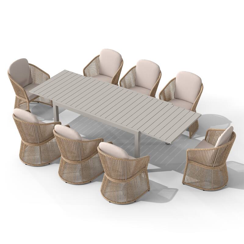 9-Piece Outdoor Extendable Dining Set with Aluminum Table & Rattan Chairs