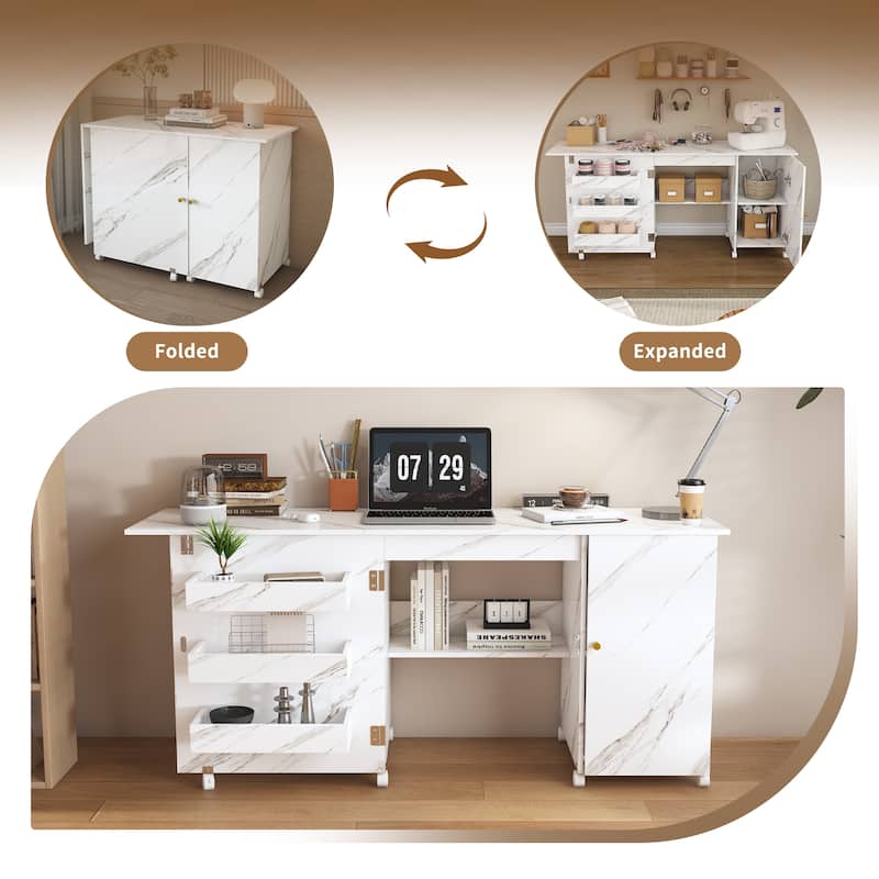 Foldable Sewing Table with Storage, 57.5" Craft Station with Locking Casters, Adjustable Cabinet & Shelves
