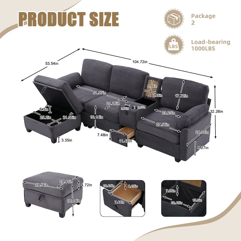 HOMEFUN Corduroy Upholstered L-Shaped 4-seater Storage Multifunctional Sectional Sofa with Storage Ottoman,Cup Holder and USB