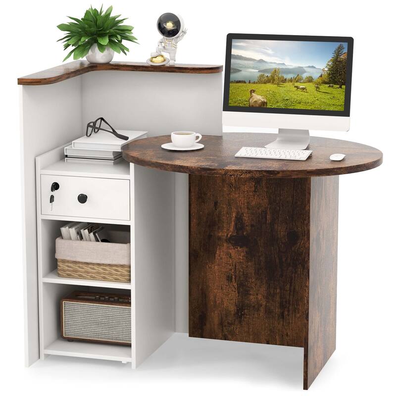 Costway Front Reception Counter Desk Checkout Office Desk with Open - Rustic Brown & White