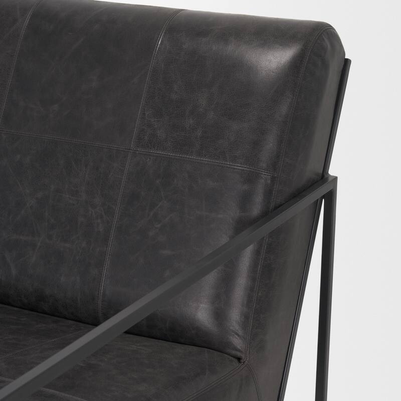 Stratton Gunmetal w/ Genuine Aged Black / Brown Leather Upholstered Accent Chair -  27.3L x 36.5W x 29.5H