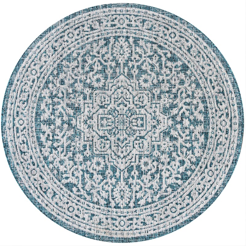 JONATHAN Y Rozetta Medallion Textured Weave Indoor/Outdoor Area Rug - 5' Round - Teal Blue/Gray