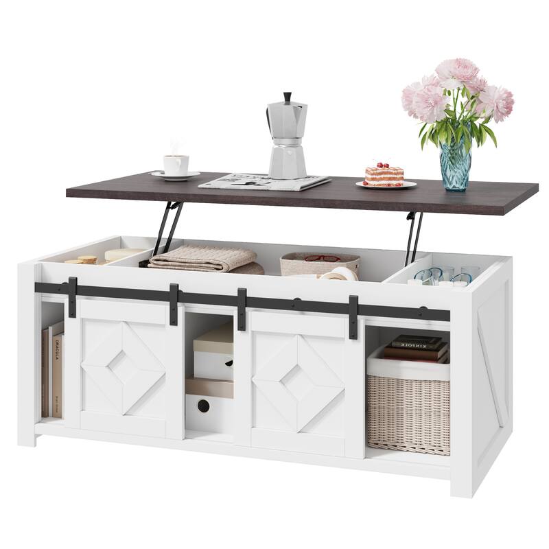 EROMMY Farmhouse Lift Top with Storage, Rustic Antique White Center Table for Living Room - 47.8" x 23.2"