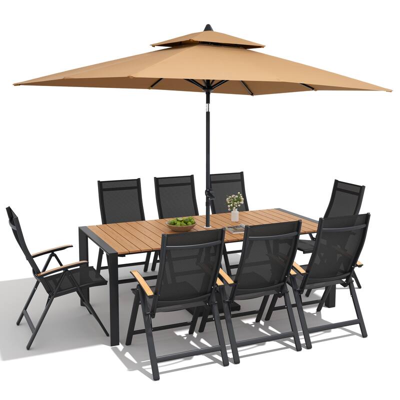 9/11-Piece Outdoor Patio Dining Set Aluminum Dining Table and Chairs w/10 ft Market Umbrella and Base