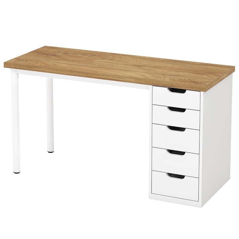 47-inch Computer Desk with 5-drawer, Wood and Metal Writing Desk for Study Living Room