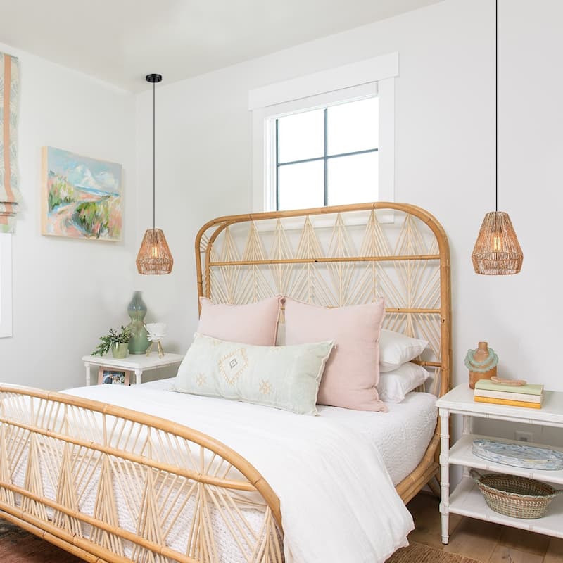 True Fine Bohemian Natural Jute Rope Island Mini Pendant Light with Black Hardware