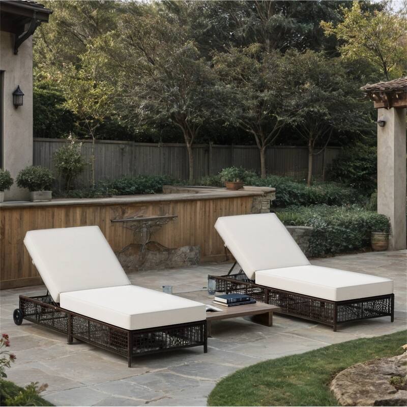 Rattan Lounge Chair w/ 5 Position Backrest,Cushion, Wheels (Set of 2)