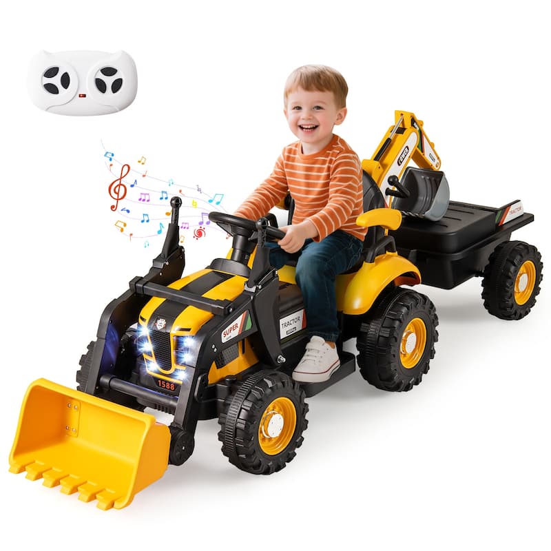12V Battery Powered Ride on Construction Vehicle with Shovel and Digger Trailer MP3 Port - 73" × 24" × 26" (L × W × H)