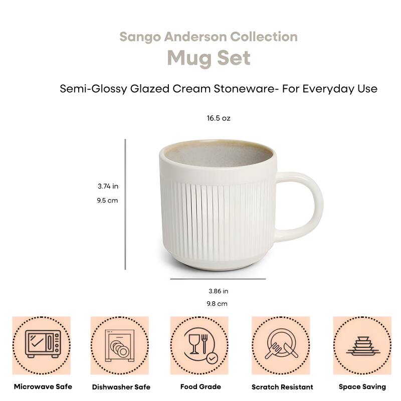 Sango Anderson Black Coffee Mugs Set of 4, 16.5 oz Ceramic Tea Cups