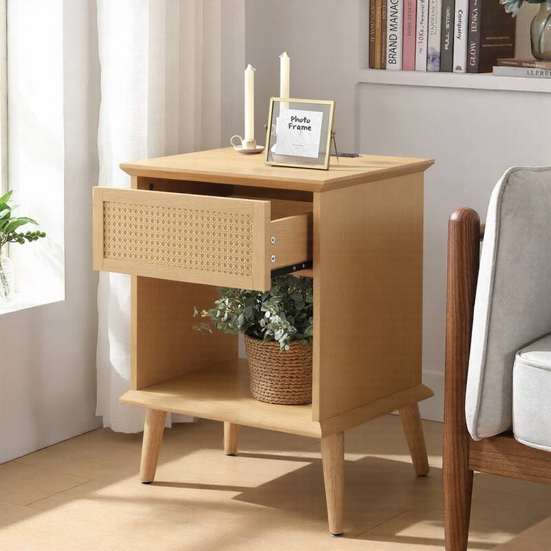 Chelsea Square Teagan Rattan Side Table with Built-in Charging Station & LED Light - 15.25x23.75