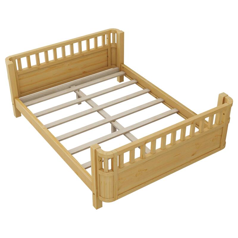 Kids Platform Bed Toddler Low Platform Wood Bed with Removable Guardrail, Rounded Corner Design Bed Frame to Protect Children