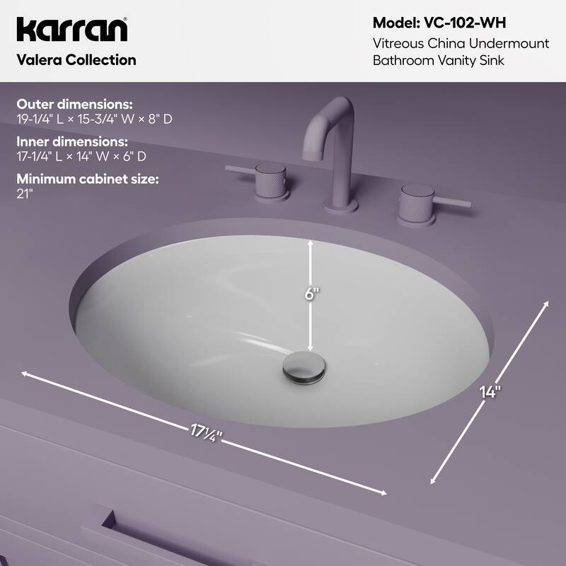 Karran 19-1/4" Undermount Vitreous China Bathroom Sink In White