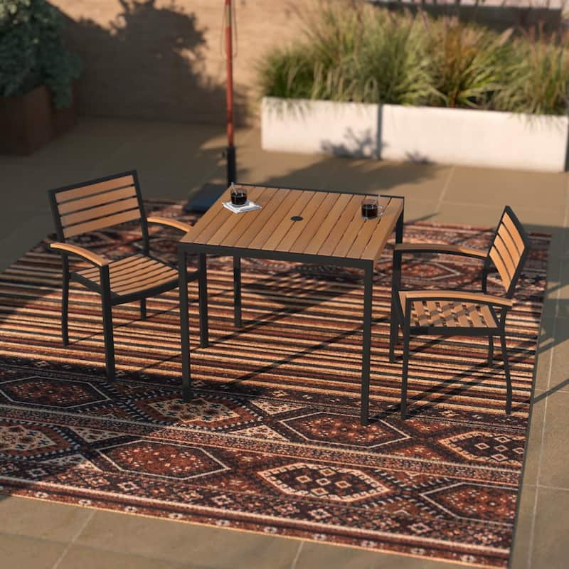 Black Steel Framed 36" Square Faux Teak Table with Umbrella Hole & 2 Club Chairs
