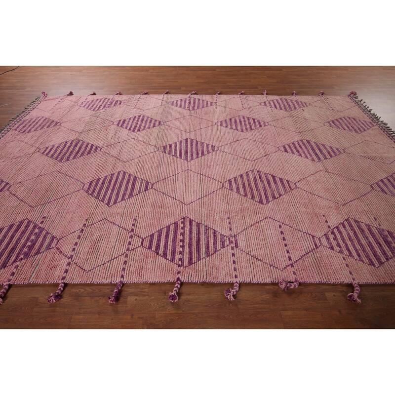 All-Over Pink Geometric Moroccan Area Rug Handmade Wool Carpet - 7'7"x 12'5"