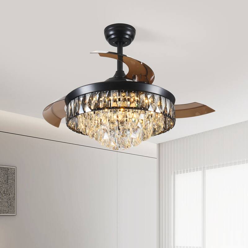 42" Invisible Ceiling Fan Chandelier Light, Crystal Ceiling Fan Light with Remote Control and 3 Retractable Blades - Black