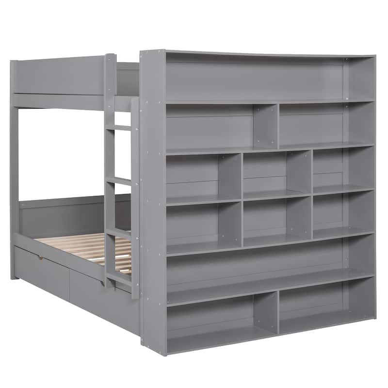 Full over Full Bunk Bed With 2 Drawers and Multi-layer Cabinet, Gray - N/A