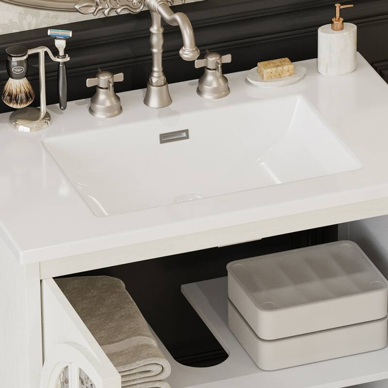 31" Vintage Bathroom Vanity with Ceramic Sink, with Bronze Pulls and Tempered Glass
