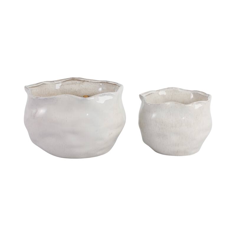 Stoneware Ceramic Round Wavy Edge Planters Decorative Pot (Set of 2) - 12" x 12" x 9"