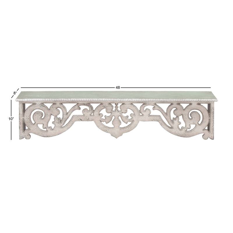 Beige Wooden 1 Shelf Scroll Room Wall Shelf with Gray Distressing