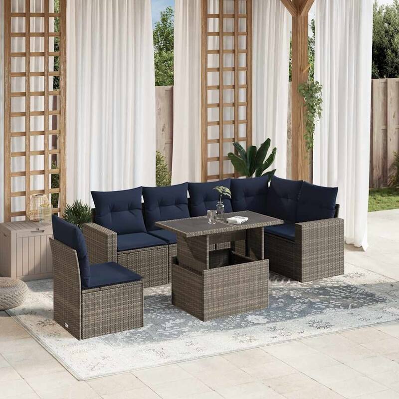 vidaXL Patio Sofa Set with Cushions and Table Outdoor 7 Piece Poly Rattan - 24.4 x 24.4 x 27.2 - Gray