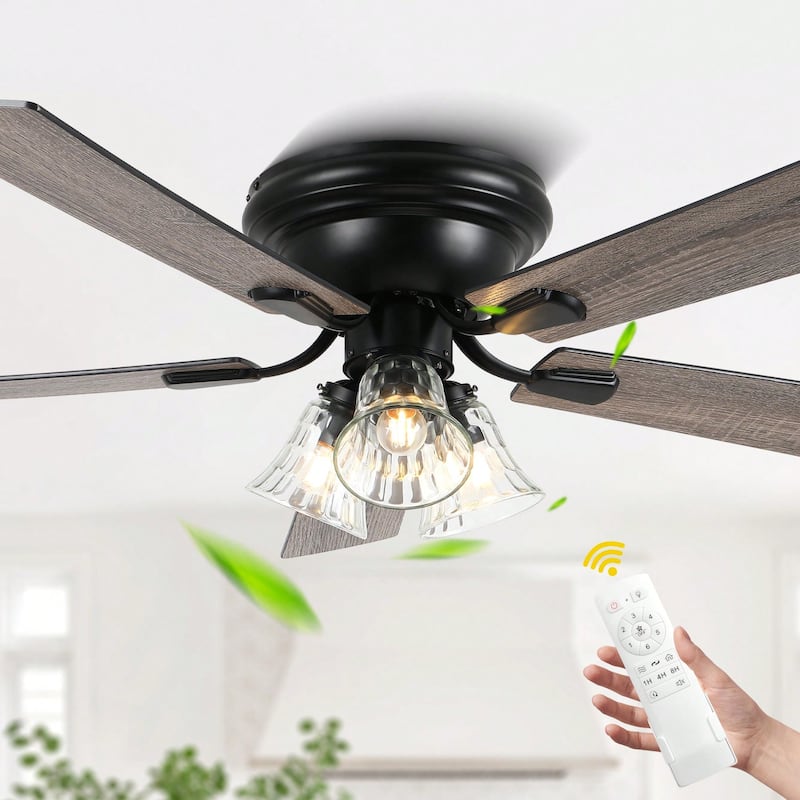Cusp Barn 52 Inch Traditional Indoor Ceiling Fan with Remote Control, Farmhouse Flush Mount Ceiling Fan with Clear Glass Shade - Black