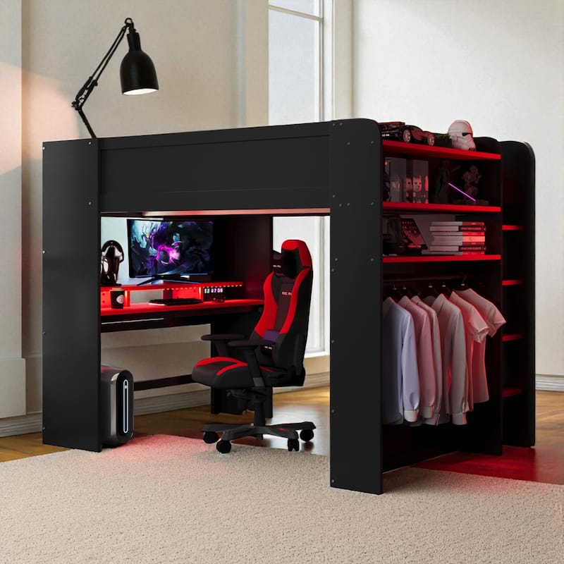 Full Size Wooden Bunk Bed with Adjustable Desk, Wardrobe Storage, USB & RGB Gaming Lights
