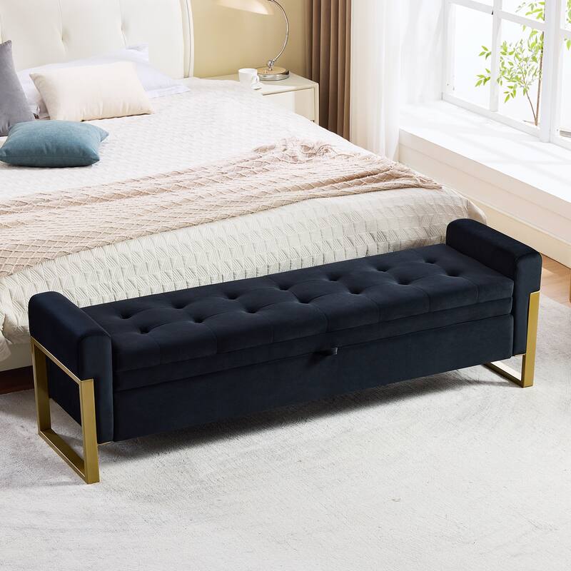 66" Storage Bench for Bedroom End of Bed with Single Lids and Gold Legs