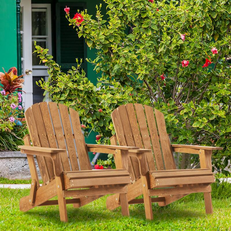 Wooden Outdoor Folding Adirondack Chair Wood Lounge Patio Chair, Set of 2.