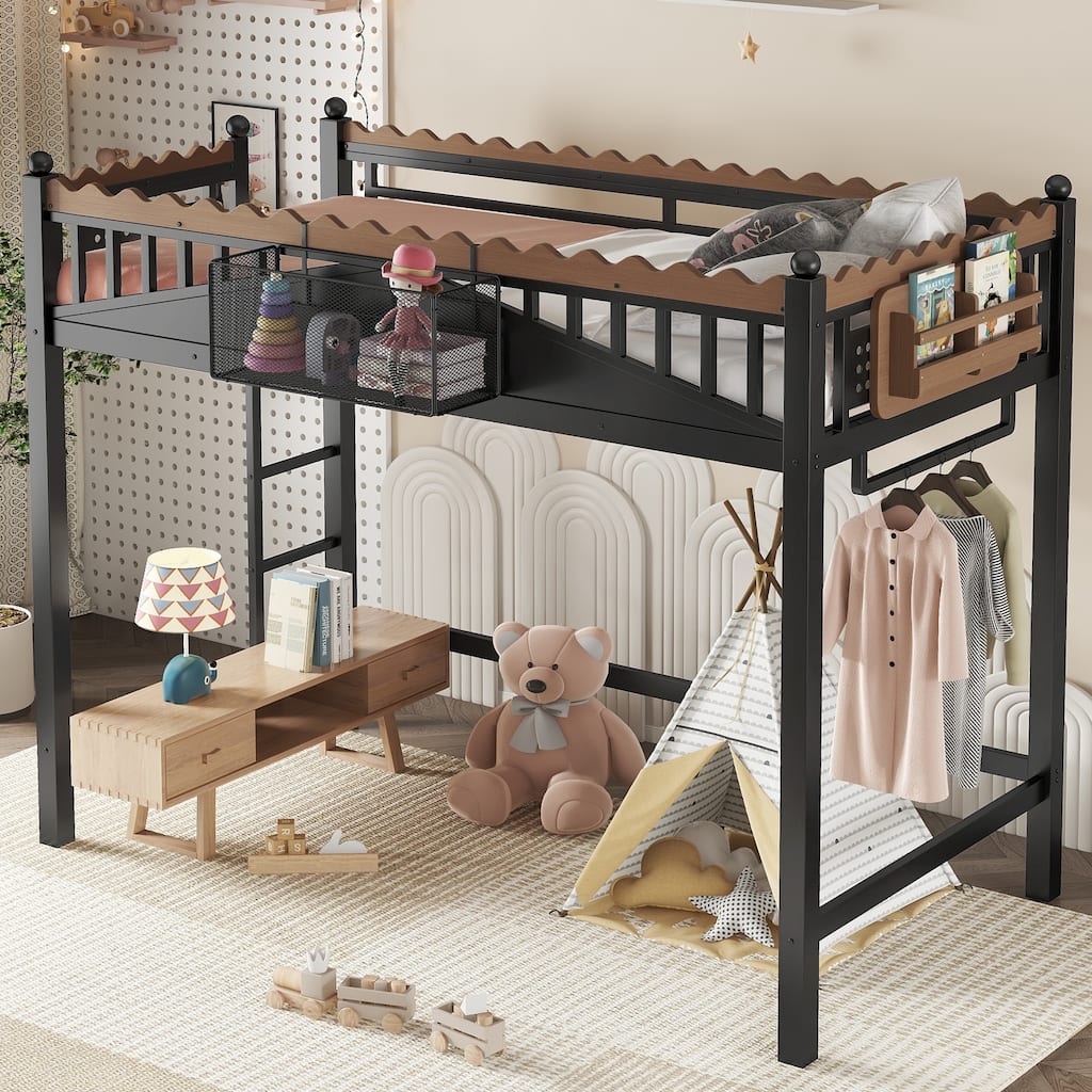 Modern Metal Loft Bed with Shelves & Bookshelf, Ladder Entry, No Box Spring Needed, Multi-Size