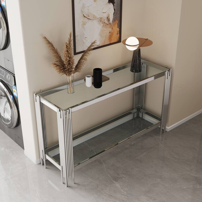 Sophisticated Double-Layer Tempered Glass Console Table - Silver