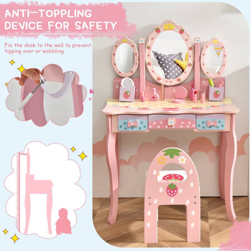 Costway Kids Vanity Princess Makeup Dressing Table Chair Set w/