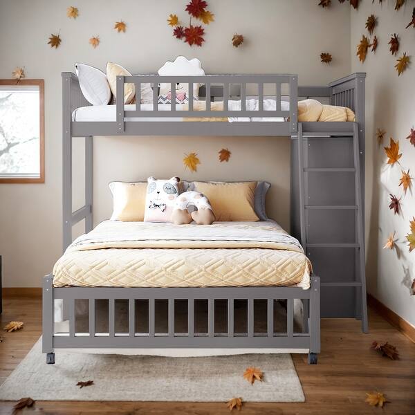 slide 2 of 40, Twin Over Full Bunk Bed With Six Drawers,Flexible Shelves,Wheels Grey