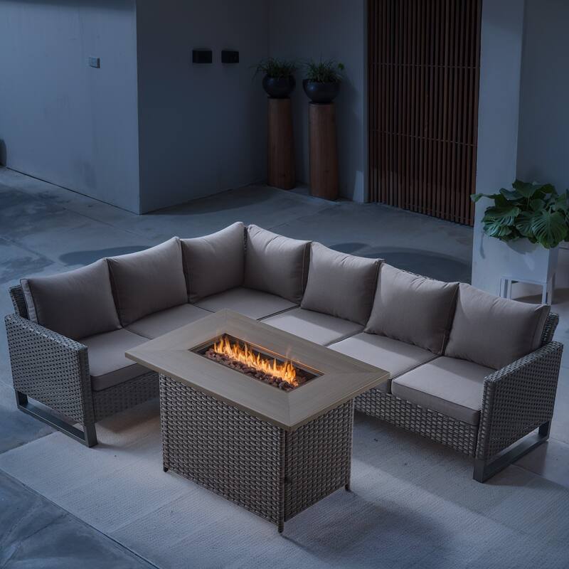 Outdoor PE Wicker Conversation with Fire Pit Table - Grey cushion - Brown - Grey - Brown
