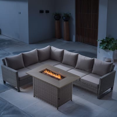 Outdoor PE Wicker Conversation with Fire Pit Table - Grey cushion - Brown