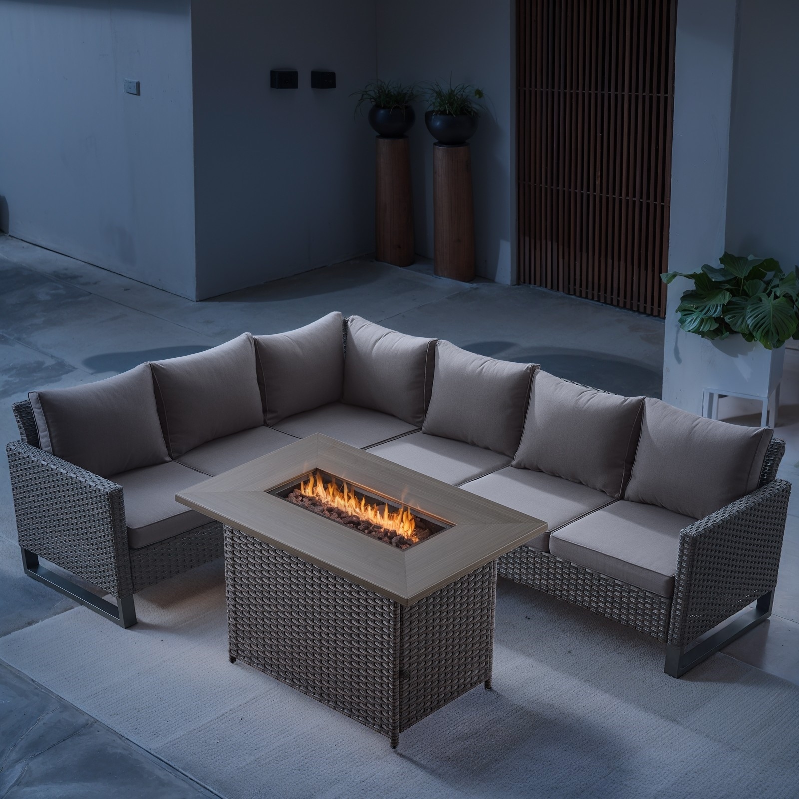 Outdoor PE Wicker Conversation with Fire Pit Table - Grey cushion - Brown