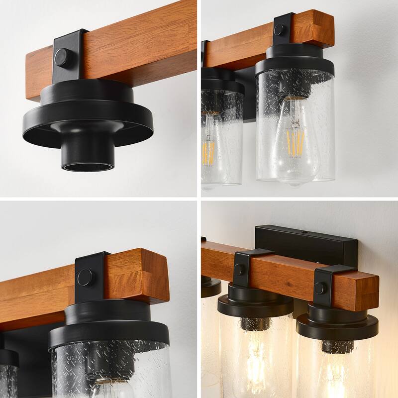 3-Light Matte Black And Wooden Wall Lamps With Glass Shades(No Bulbs) For Bathroom Or Bedroom