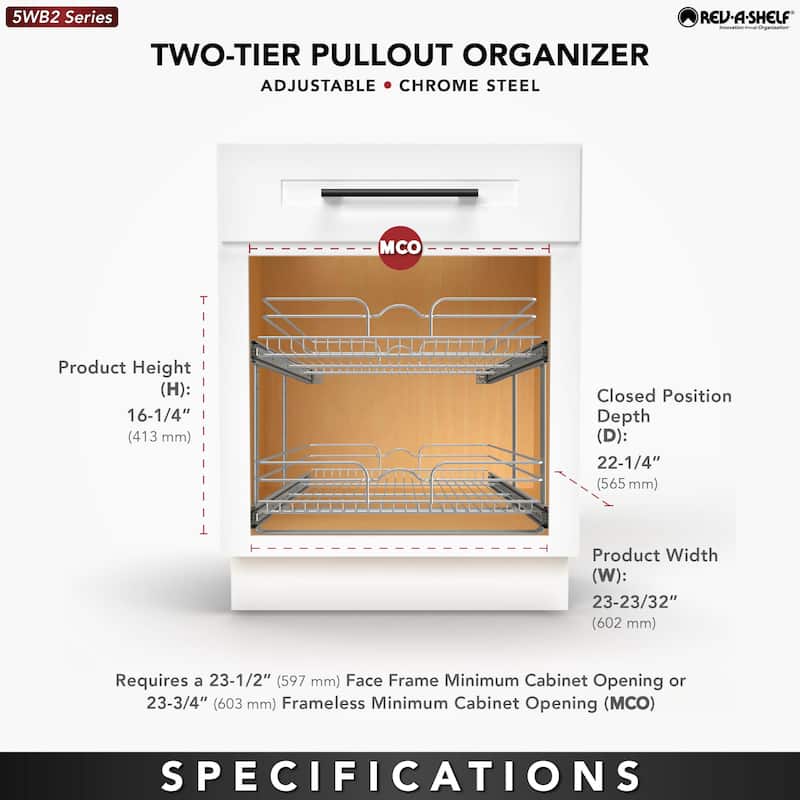 Rev-A-Shelf Pullout 2-Tier Basket Organizer for Kitchen Cabinets, 9 x 22 In, 5WB2-0922CR-1
