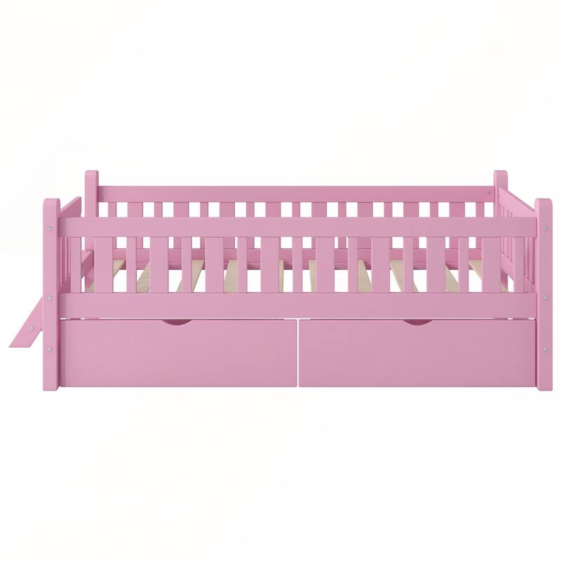 Wood Twin Size Platform Bed with Guardrail and 2 Drawers