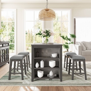 5 Pieces Counter Height Rustic Farmhouse Dining Room Wooden Bar Table ...
