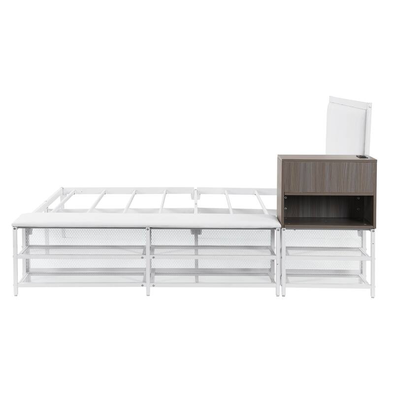 Metal Platform Bed with Two-Tier Storage Shelves and Wooden Cabinet, White