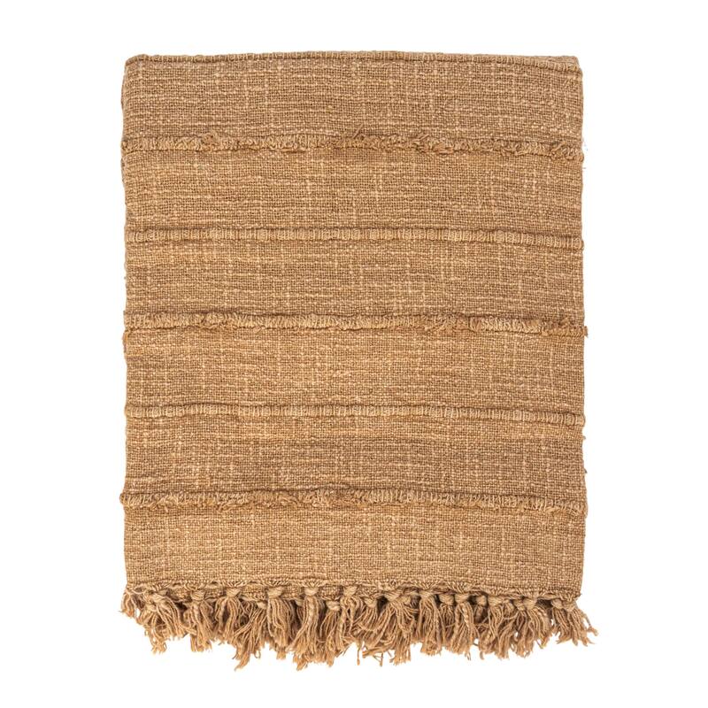 Stonewashed Woven Cotton Slub Throw with Pom Pom Trim and Fringe