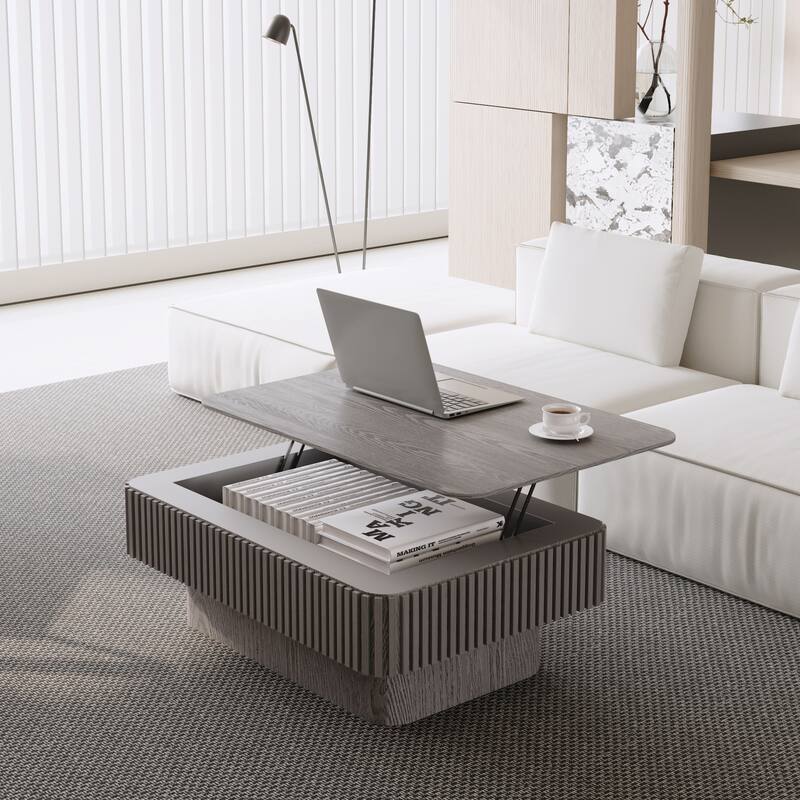 38.6" Fluted Lift-top Coffee Table, Coffee Table Accent Tea Table with Storage and Adjustable Height for Living Room